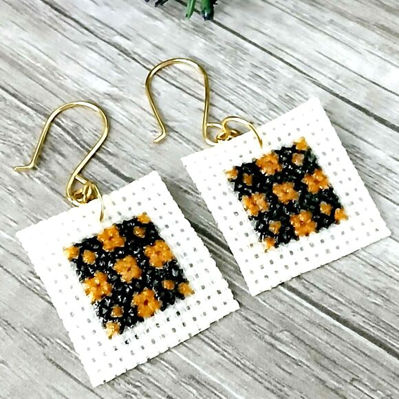 CLEARANCE - OOAK Cross Stitch Dangle Earrings, Unique Jewelry, Hand Stitched - Picture 1 of 5